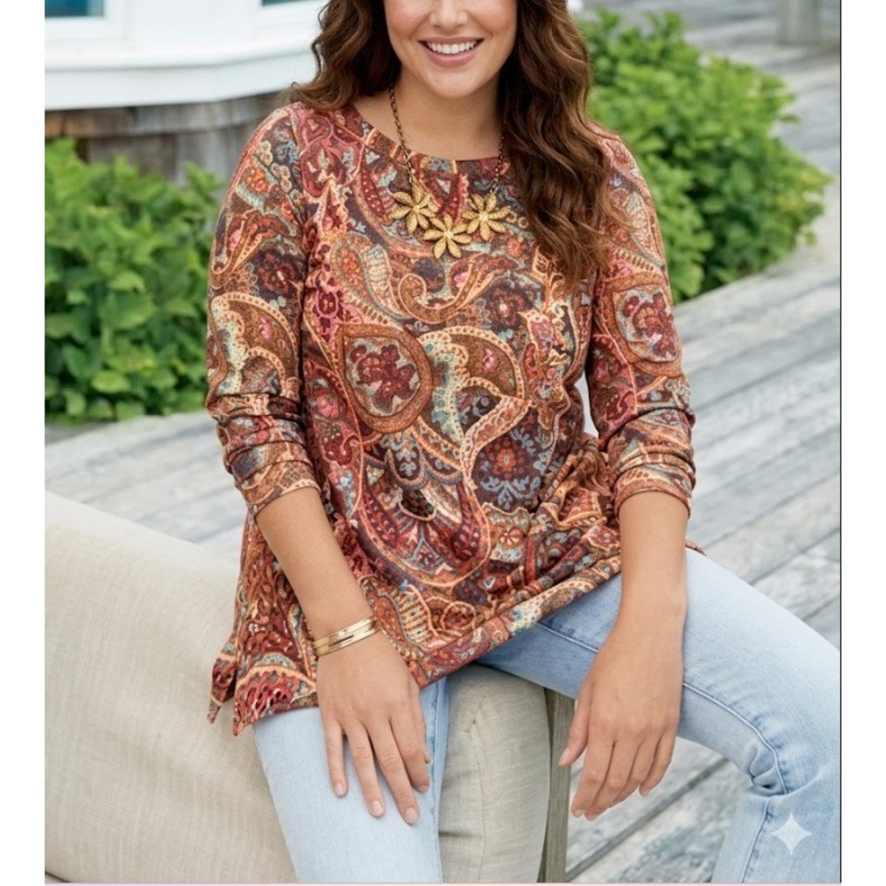 Soft Surroundings Tunic 1X Multi Paisley Boho Stretch Knit Long Sleeve‎ Vacation